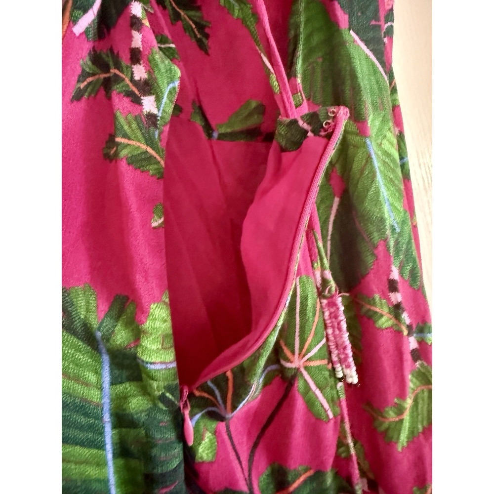 Farm Rio Leaves Pink Midi Dress XS Strappy Ruched Front Slit Tropical Print - Picture 7 of 16